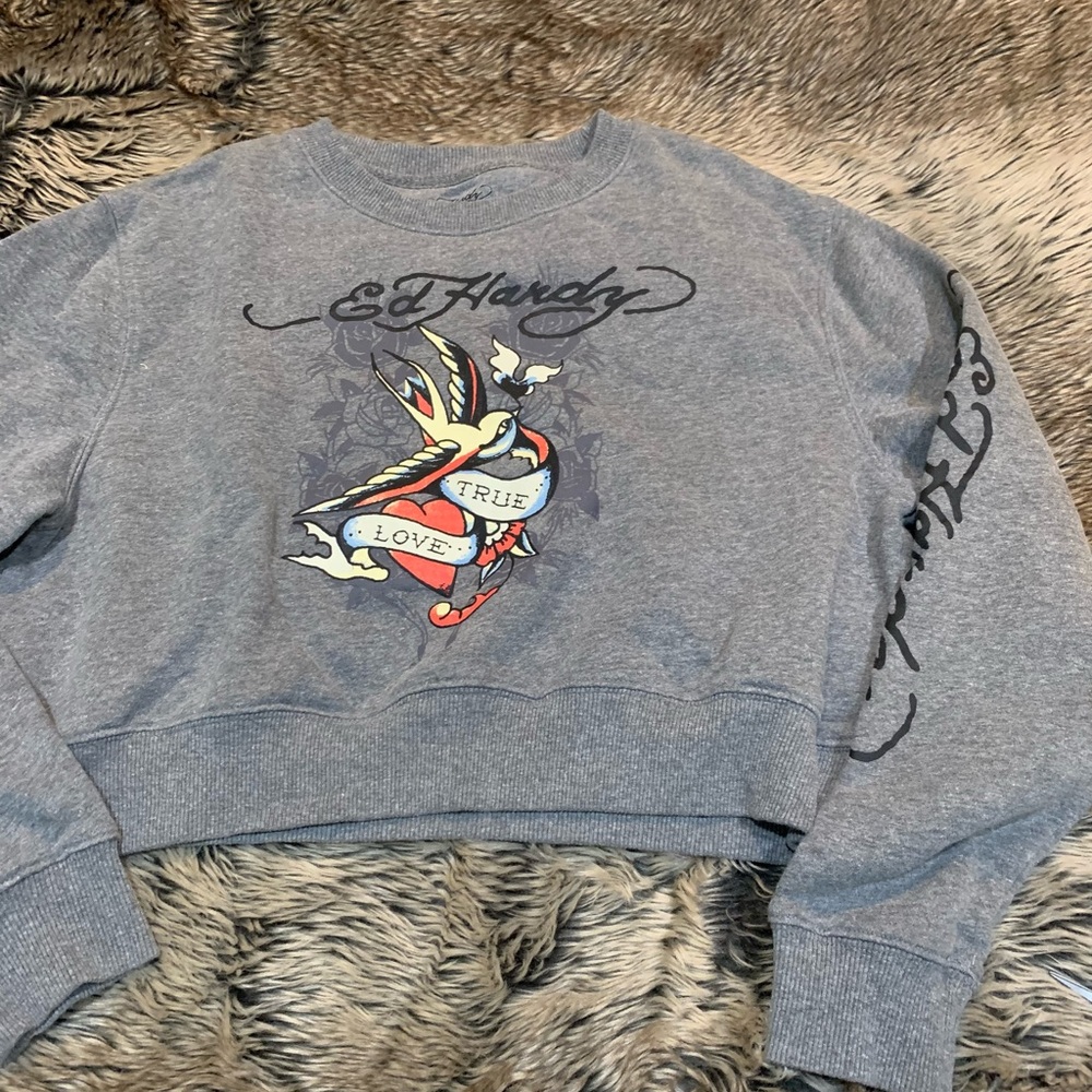 Ed Hardy True Love Cropped Sweatshirt Heather Gray Fleece Size L